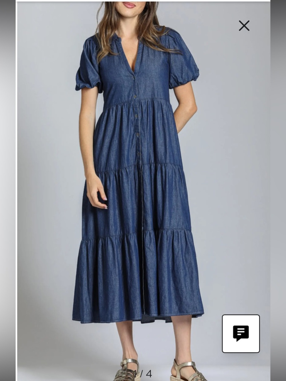 New APNY Sz XL Puff Sleeve V-neck Tiered Dark Denim Maxi Button Dress Ret $129!